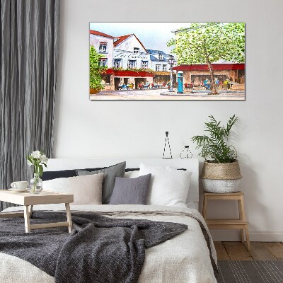 A cafe alley in the town Glass Print
