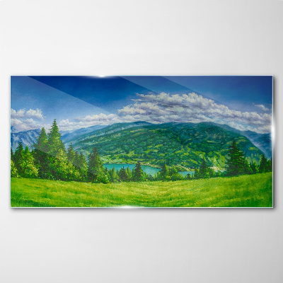 Forest landscape with clouds Glass Print