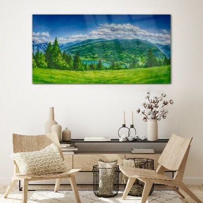 Forest landscape with clouds Glass Print