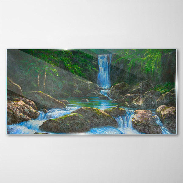 A peaceful waterfall in a forest setting Glass Print