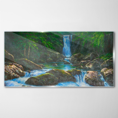 A peaceful waterfall in a forest setting Glass Print