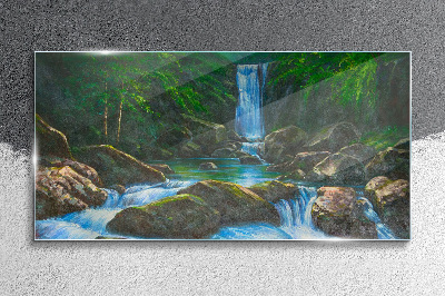 A peaceful waterfall in a forest setting Glass Print