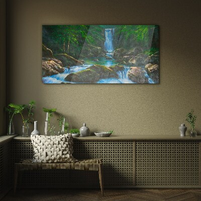 A peaceful waterfall in a forest setting Glass Print