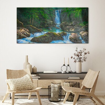 A peaceful waterfall in a forest setting Glass Print