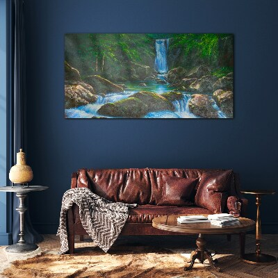 A peaceful waterfall in a forest setting Glass Print
