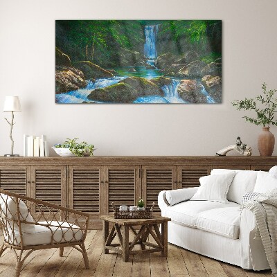 A peaceful waterfall in a forest setting Glass Print