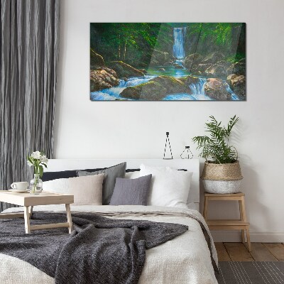 A peaceful waterfall in a forest setting Glass Print