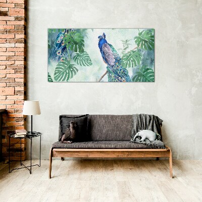 Peacock in the tropical jungle Glass Wall Art