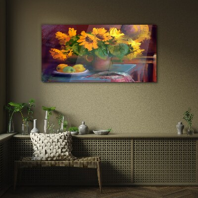 Sunflowers in a vase Glass Print