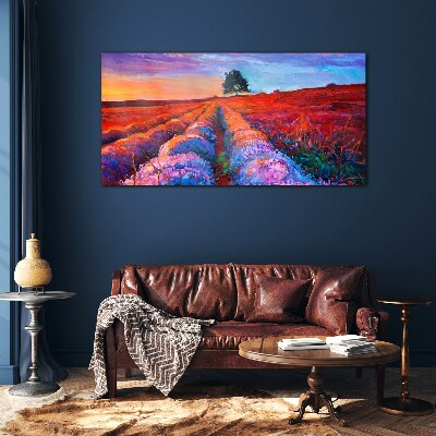 Landscape of lavender fields at sunset Glass Print