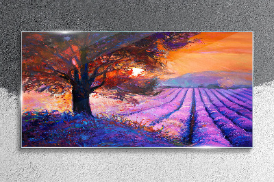 Purple landscape at sunset Glass Print