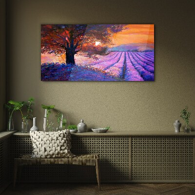 Purple landscape at sunset Glass Print