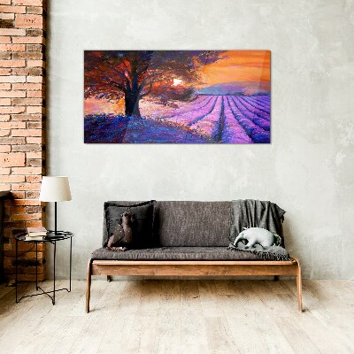 Purple landscape at sunset Glass Print