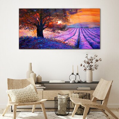Purple landscape at sunset Glass Print