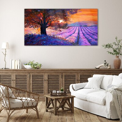 Purple landscape at sunset Glass Print