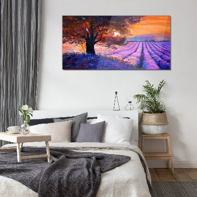 Purple landscape at sunset Glass Print