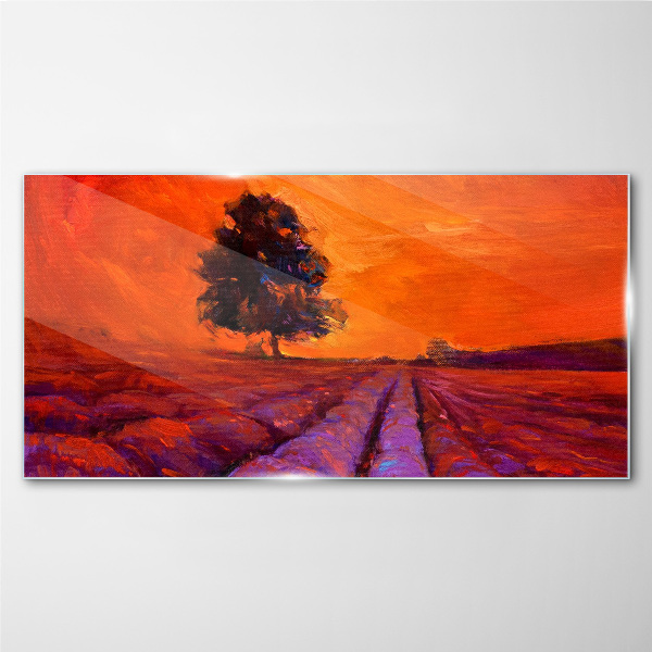 Sunset over the fields Glass Print