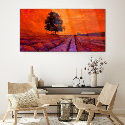 Sunset over the fields Glass Print