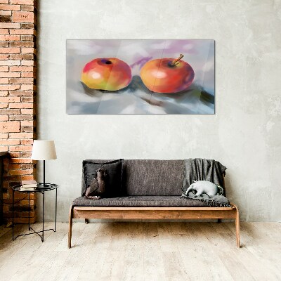 Juicy apples on a pastel background Glass Print