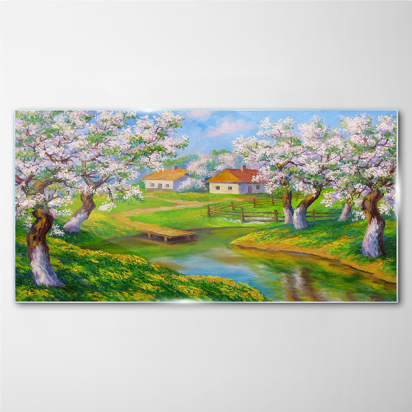 Spring landscape with blooming trees Glass Wall Art