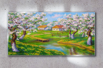 Spring landscape with blooming trees Glass Wall Art