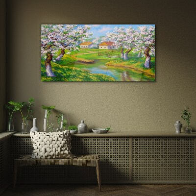 Spring landscape with blooming trees Glass Wall Art
