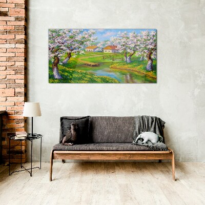 Spring landscape with blooming trees Glass Wall Art