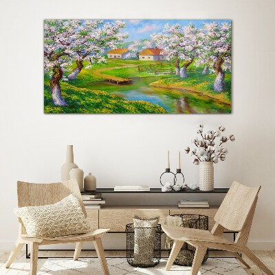 Spring landscape with blooming trees Glass Wall Art