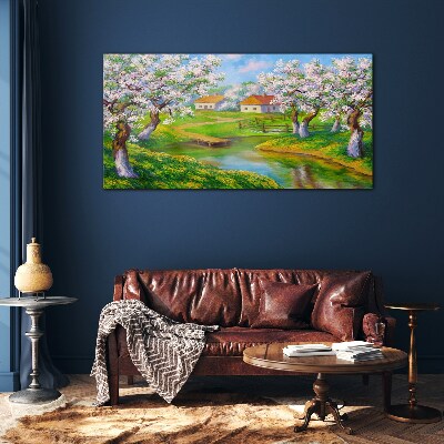 Spring landscape with blooming trees Glass Wall Art