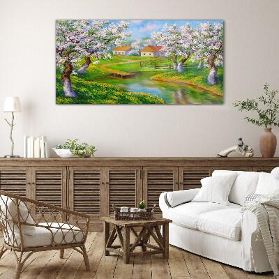 Spring landscape with blooming trees Glass Wall Art