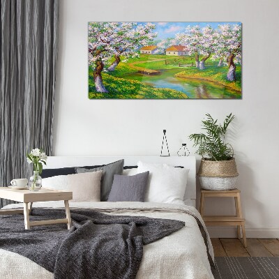 Spring landscape with blooming trees Glass Wall Art