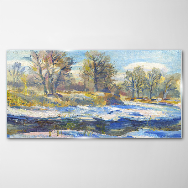 Winter landscape with a river Glass Wall Art