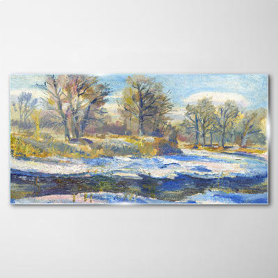 Winter landscape with a river Glass Wall Art