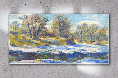 Winter landscape with a river Glass Wall Art