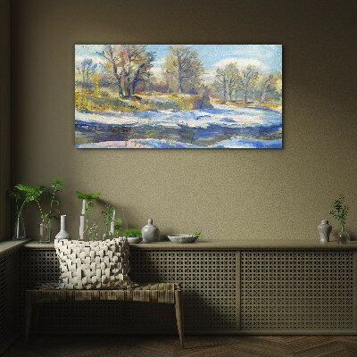 Winter landscape with a river Glass Wall Art
