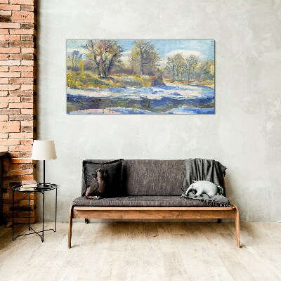 Winter landscape with a river Glass Wall Art
