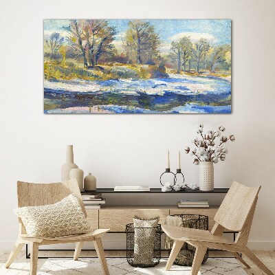 Winter landscape with a river Glass Wall Art