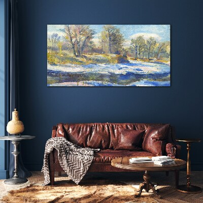 Winter landscape with a river Glass Wall Art
