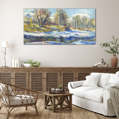 Winter landscape with a river Glass Wall Art
