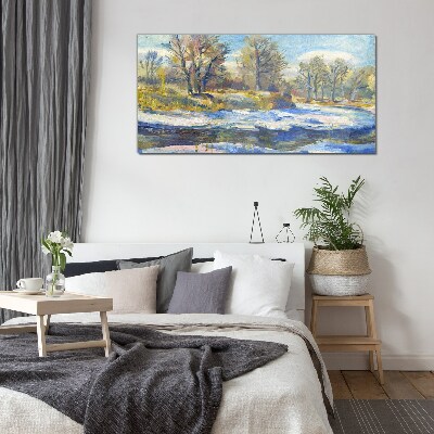 Winter landscape with a river Glass Wall Art