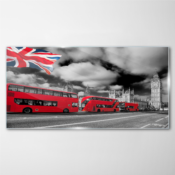 Red London buses with UK flag Glass Wall Art