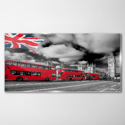Red London buses with UK flag Glass Wall Art