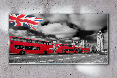Red London buses with UK flag Glass Wall Art