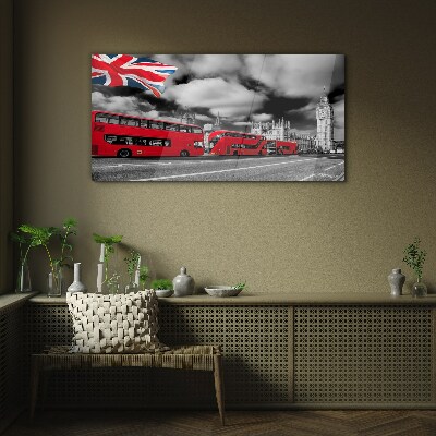 Red London buses with UK flag Glass Wall Art