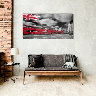 Red London buses with UK flag Glass Wall Art