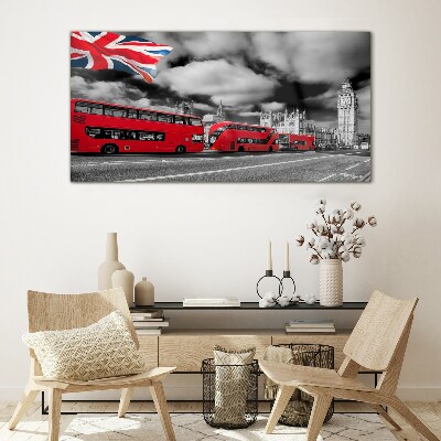 Red London buses with UK flag Glass Wall Art