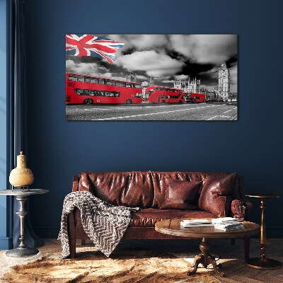Red London buses with UK flag Glass Wall Art