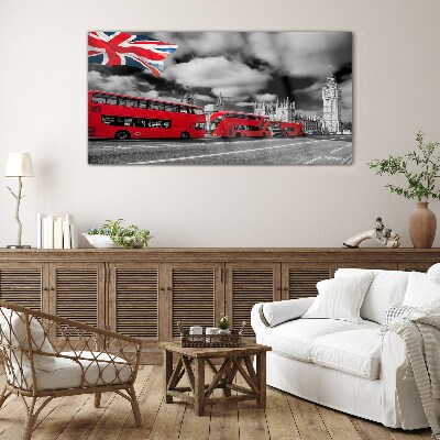 Red London buses with UK flag Glass Wall Art