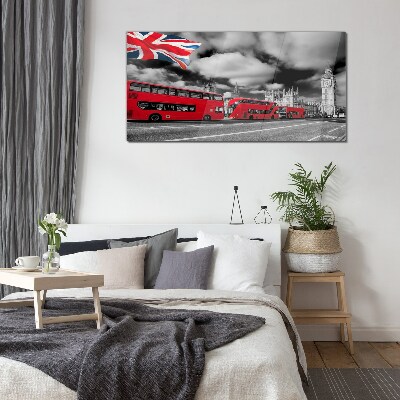 Red London buses with UK flag Glass Wall Art