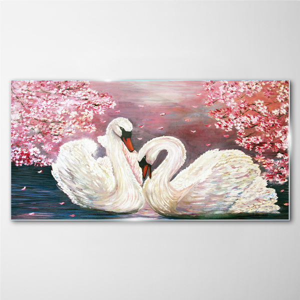 Swan Love in a Blooming Orchard Glass Wall Art
